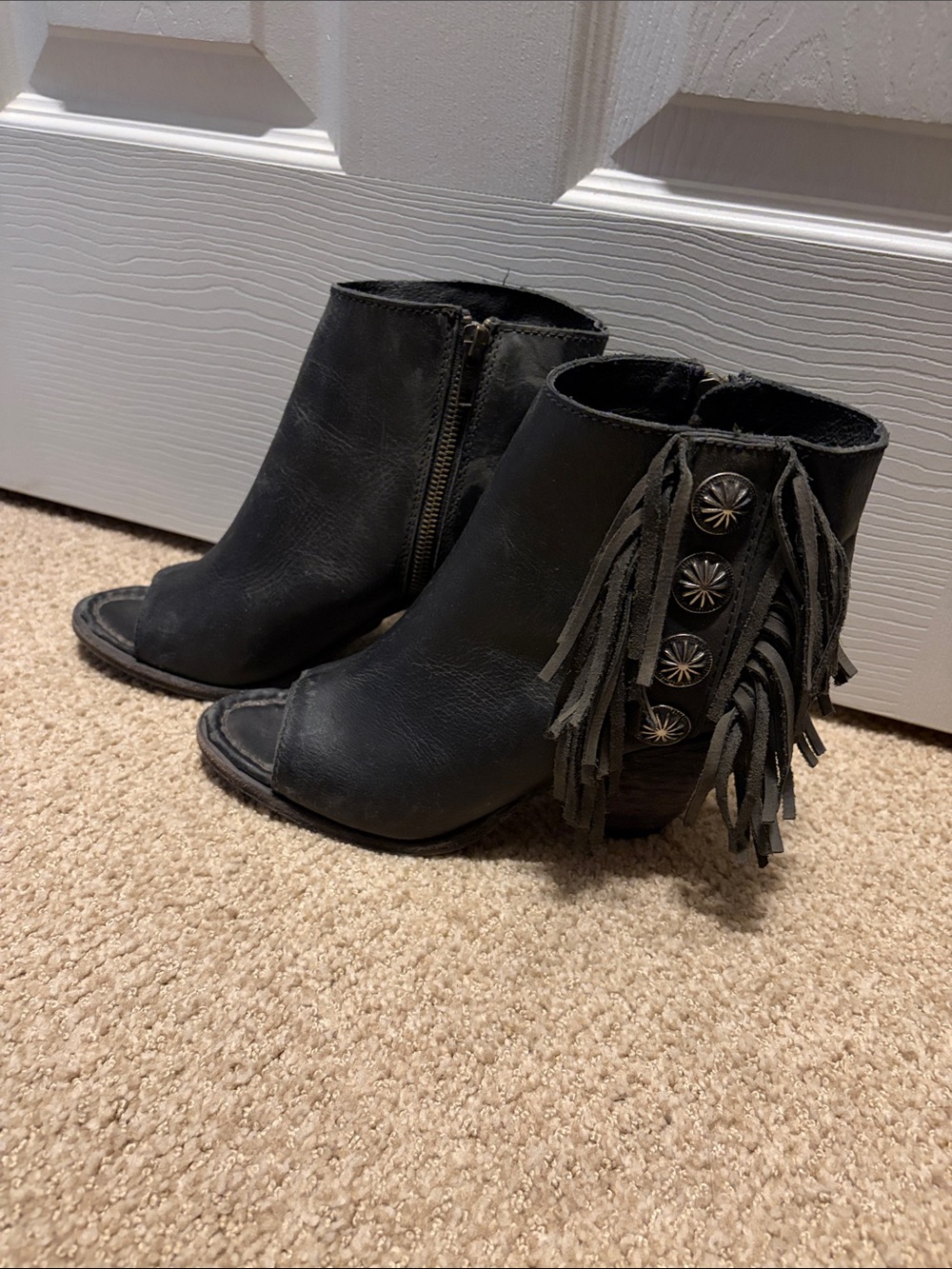 LIBERTY Black Black Fringe Open-Toe Ankle Booties